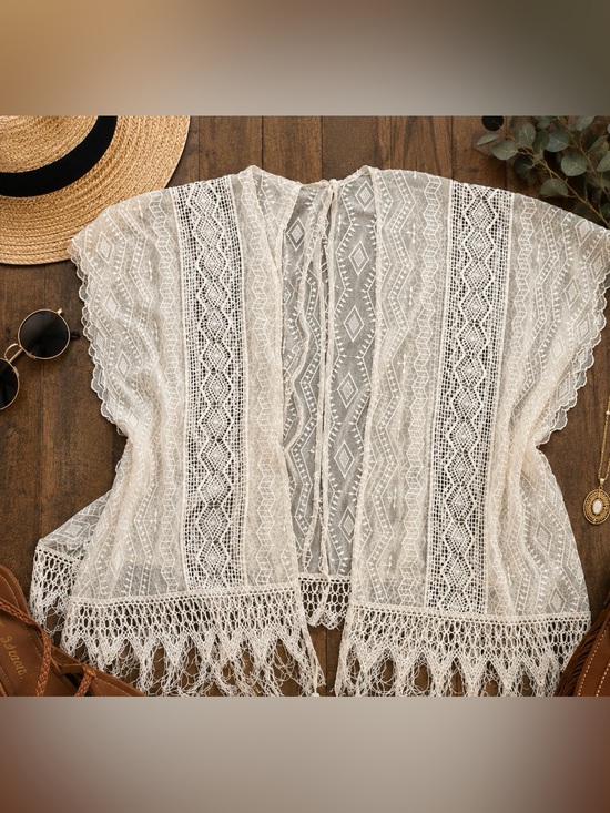 Taylor & Sage Other - Taylor & Sage Cream Crochet Lace Fringe Kimono Cardigan XL Boho Beach Cover Up